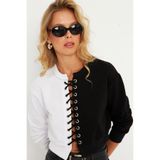 Cool & Sexy Kadın Beyaz-Siyah Kuşgözlü Kısa Sweatshirt TF02