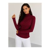 Cool & Sexy Kadın Bordo Drapeli Boğazlı Uzun Kollu Esnek Fit Bluz