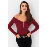 Cool & Sexy Kadın Bordo Fermuarlı Madonna Yaka Bluz EY2559