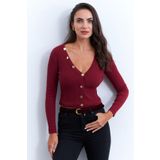 Cool & Sexy Kadın Bordo V Yaka Düğme Detaylı Bluz EY2952