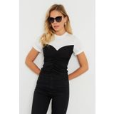 Cool & Sexy Kadın Büzgülü T-Shirt Bluz Siyah-Beyaz KS117