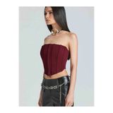 Cool & Sexy Kadın Şık Korse Crop Top - Straplez Düğmeli Büstiyer Bordo