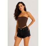 Cool & Sexy Kadın Şık Korse Crop Top - Straplez Düğmeli Büstiyer Kahve