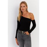 Cool & Sexy Kadın Siyah Asimetrik Kollu Kaşkorse Bluz HOR1