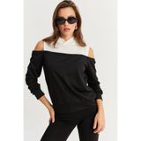 Cool & Sexy Kadın Siyah-Beyaz Omuzları Açık Sweatshirt TF15