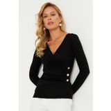 Cool & Sexy Kadın Siyah Düğme Detaylı Kruvaze Bluz EY2865