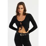 Cool & Sexy Kadın Siyah Önü Bağlamalı Kaşkorse Crop Bluz AYD381