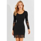 Cool & Sexy Siyah Kaşkorse Dantel Detaylı Uzun Kollu Kadın Elbise