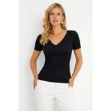 Cool & Sexy Siyah Kaşkorse V Yaka Dantel Detaylı Kısa Kollu Bluz
