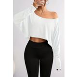 COOL TARZ Beyaz Kadın Düşük Omuz Kayık Yaka Oversize Uzun Kollu Crop T-Shirt