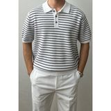 Cool Tarz Erkek Beyaz Çizgili Düğmeli Regular Fit Triko T-Shirt - XL