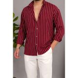 COOL TARZ Erkek Bordo Beyaz İkili Çizgili Regular Relaxed Fit Uzun Kollu Gömlek