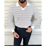 Cool Tarz Erkek Çizgili Polo Yaka Triko Kazak - Beyaz - M