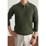 Cool Tarz Erkek Haki Polo Yaka Slim Fit Fitilli Triko Kazak Modern ve Şık Tasarım