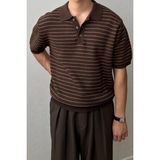 Cool Tarz Erkek Kahverengi Çizgili Düğmeli Regular Fit Triko T-Shirt - XL