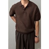 COOL TARZ Erkek Kahverengi Çizgili Düğmeli Regular Fit Triko T-Shirt