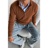 Cool Tarz Erkek Kahverengi Regular Fit Yarım Pat Fermuarlı Yaka Triko Kazak - S