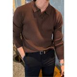 Cool Tarz Erkek Polo Yaka Triko Kazak Slim Fit Fitilli - Kahverengi