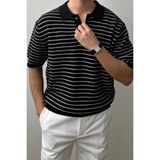 Cool Tarz Erkek Siyah Çizgili Düğmeli Regular Fit Triko T-Shirt - XL