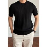 COOL TARZ Erkek Siyah Fitilli Slim Fit Bisiklet Yaka Triko T-Shirt