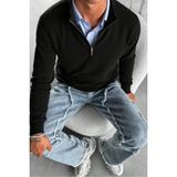 Cool Tarz Erkek Siyah Regular Fit Fermuarlı Yaka Triko Kazak - Casual Stil