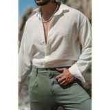 Cool Tarz Erkek Uzun Kollu Gömlek Yaka Keten Oversize Gömlek - Beyaz - 2XL