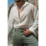 Cool Tarz Erkek Uzun Kollu Gömlek Yaka Keten Oversize Gömlek - Beyaz