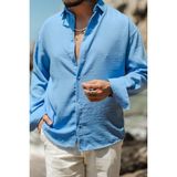 Cool Tarz Erkek Uzun Kollu Gömlek Yaka Keten Oversize Gömlek - Mavi - 2XL