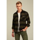 Cool Tarz Haki Erkek Slim Fit Düğmeli Yaka Çift Cepli Oduncu Ekose Gömlek - 09Y-Yeşil