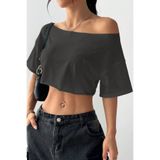 COOL TARZ Kadın Antrasit Kayık Yaka Oversize Crop T-Shirt