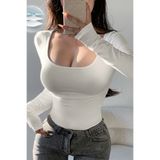 COOL TARZ Kadın Beyaz Kare Yaka Uzun Kollu Esnek Body – Günlük & Şık Slim Fit Basic Bluz