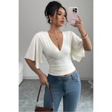 COOL TARZ Kadın Beyaz Kruvaze Yaka Yarasa Kol Likralı Şık T-Shirt