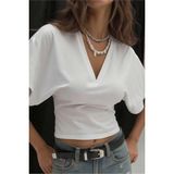 COOL TARZ Kadın Beyaz V Yaka Drape Detaylı Crop Bluz – Rahat Kalıp Şık Günlük Üst