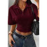 COOL TARZ Kadın Bordo Crop Belden Oturan Tişört Polo Yaka Modern Şık Tasarım