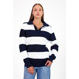 Cool Tarz Kadın Çizgili Şeritli Comfort V Polo Yaka Triko - XL - Lacivert