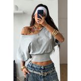 COOL TARZ Kadın Gri Madon Yaka Beli Lastikli Crop Düşük Omuzlu Salaş Tişört