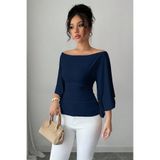 COOL TARZ Kadın Lacivert Kayık Yaka Flare Kol Drapeli Fit Bluz