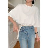 COOL TARZ Kadın Şık Oversize Beyaz Tişört Yan Bağlamalı Rahat Yazlık T-Shirt