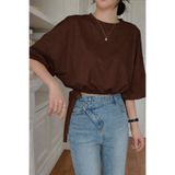 COOL TARZ Kadın Şık Oversize Kahverengi Tişört Yan Bağlamalı Rahat Yazlık T-Shirt