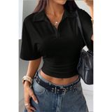 COOL TARZ Kadın Siyah Crop Belden Oturan Tişört Polo Yaka Modern Şık Tasarım