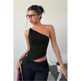 COOL TARZ Kadın Siyah Tek Omuz Bluz Asimetrik Kesim Likralı Crop Şık ve Modern Tasarım