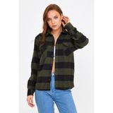 Cool Tarz KCPODG001 Haki Kadın Slim Fit Düğmeli Yaka Çift Cepli Oduncu Ekose Gömlek
