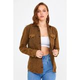 Cool Tarz KCPODG001 Hardal Kadın Slim Fit Düğmeli Yaka Çift Cepli Oduncu Düz Gömlek