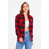 Cool Tarz KCPODG001 Kırmızı Kadın Slim Fit Düğmeli Yaka Çift Cepli Oduncu Ekose Gömlek