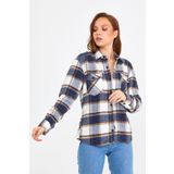 Cool Tarz KCPODG001 Mavi Kahverengi Kadın Slim Fit Düğmeli Yaka Çift Cepli Oduncu Ekose Gömlek