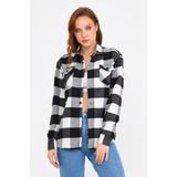 Cool Tarz KCPODG001 Siyah Beyaz Kadın Slim Fit Düğmeli Yaka Çift Cepli Oduncu Ekose Gömlek
