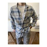 COOL TARZ Mavi-Sarı-Beyaz Erkek Slim Fit Çift Cep Kapaklı Kaşe Oduncu Gömlek