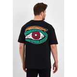 Cool Tarz Siyah Erkek Oversize Bisiklet Yaka Kısa Kol Arka ve Ön Baskılı Pamuk T-SHIRT-GOZTSTR04S