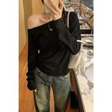 Cool Tarz Siyah Kadın Düşük Omuz Kayık Yaka Oversize Uzun Kollu T-Shirt - L - XL