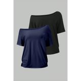 COOL TARZ Siyah Lacivert 2Li Paket Kadın Düşük Omuz Kayık Yaka Oversize T-Shirt